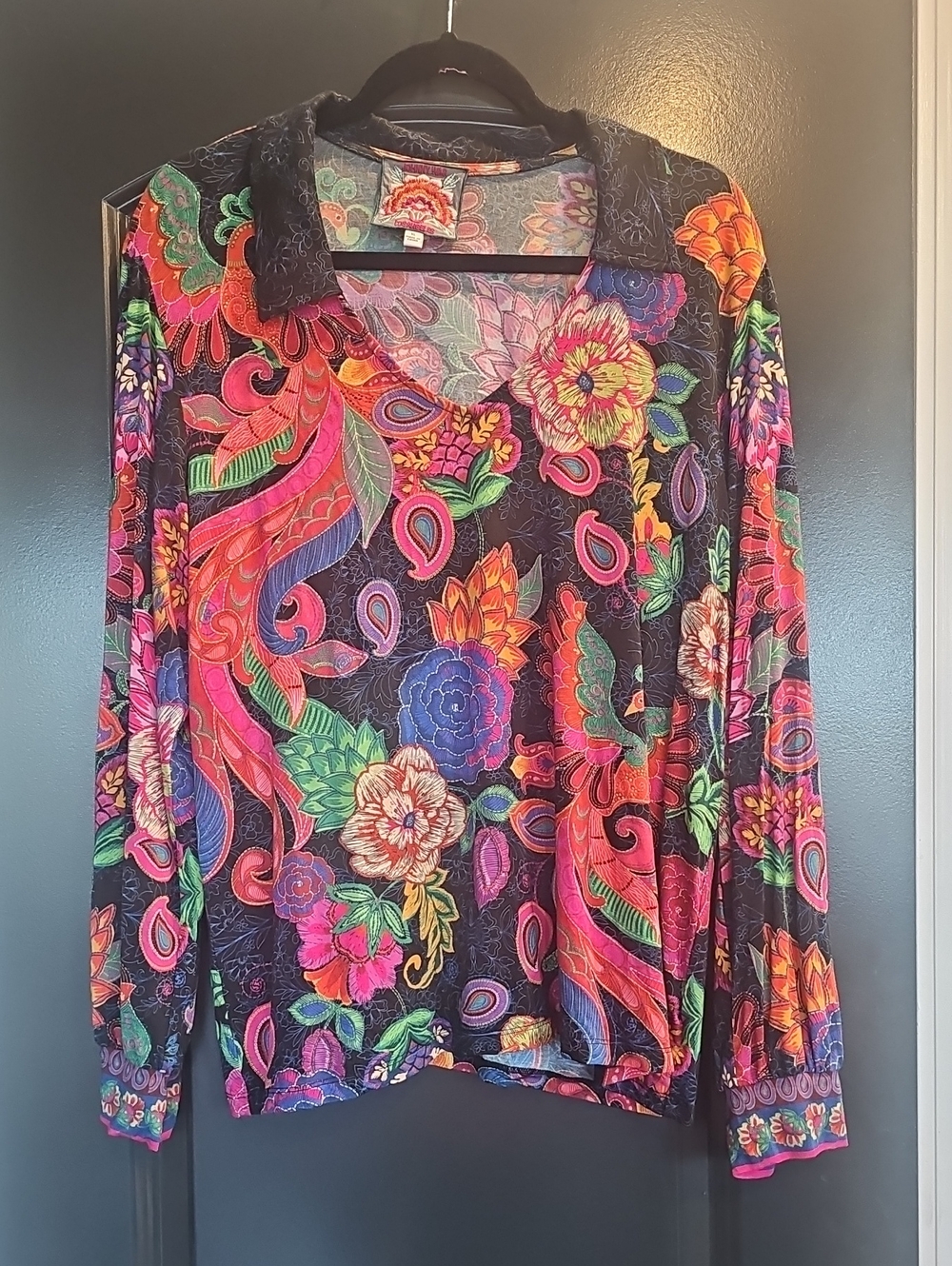Johnny Was Janie Favorite Puff Sleeve Polo In Emberwing Scarf Print